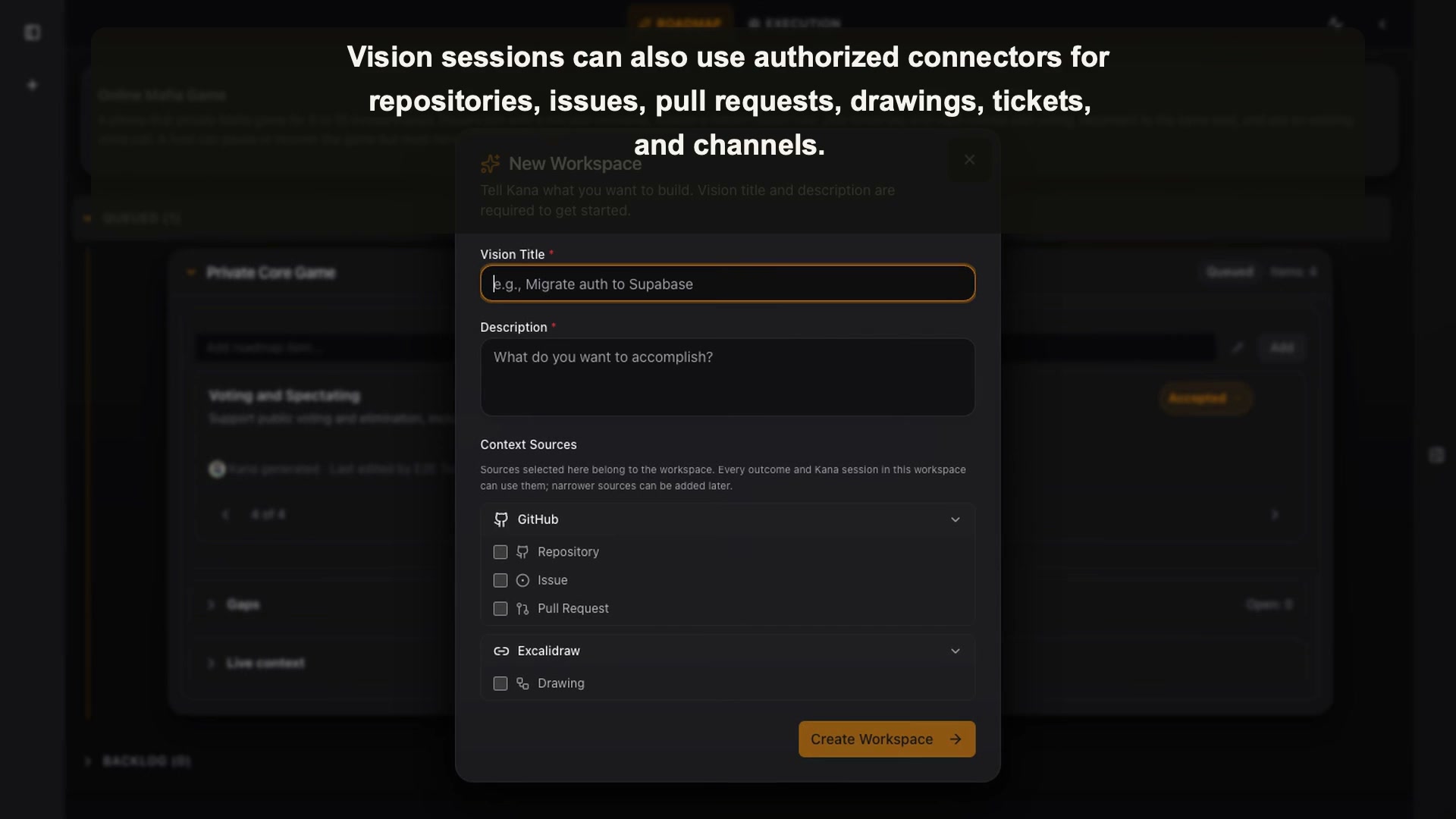 Kana lets Nadia choose only the authorized repository, issue, drawing, or channel context that helps this workspace.